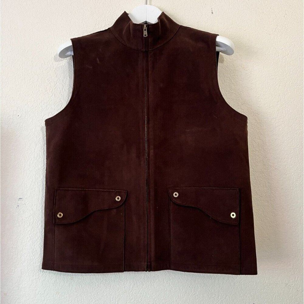 Lauren Ralph Lauren Womens Large Brown Pockets Faux Suede Brown Full Zip Vest